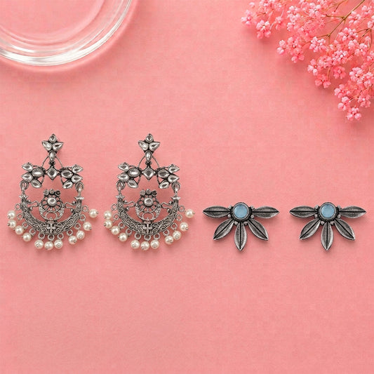 Carved Charm Dangler earrings (White) Crescent Bloom Oxidised Studs - Mint Combo set