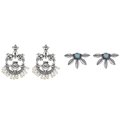Carved Charm Dangler earrings (White) Crescent Bloom Oxidised Studs - Mint Combo set
