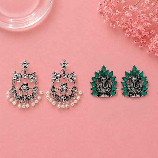 Carved Charm Dangler earrings (White) sacred shine stud earrings(Green) Combo set