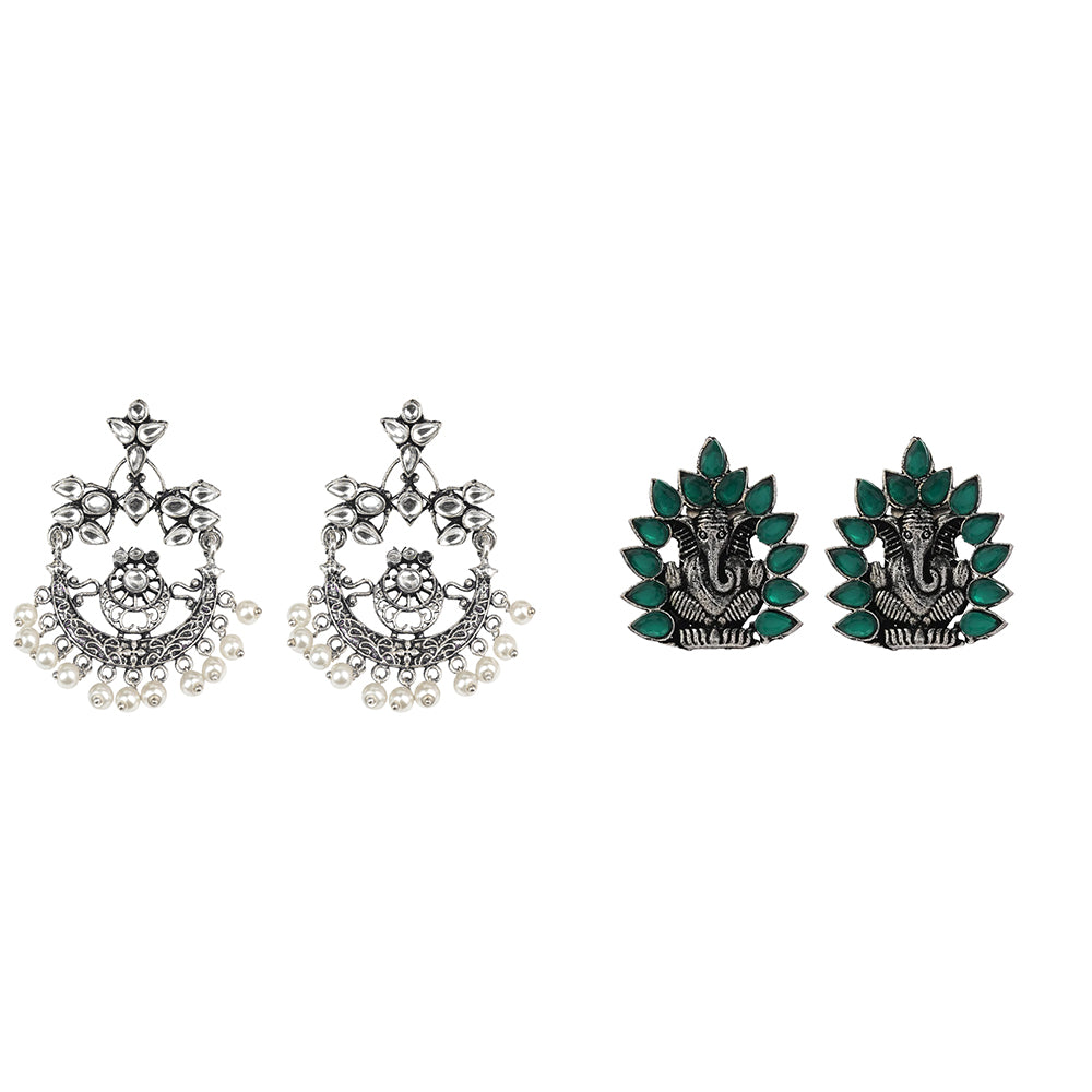 Carved Charm Dangler earrings (White) sacred shine stud earrings(Green) Combo set