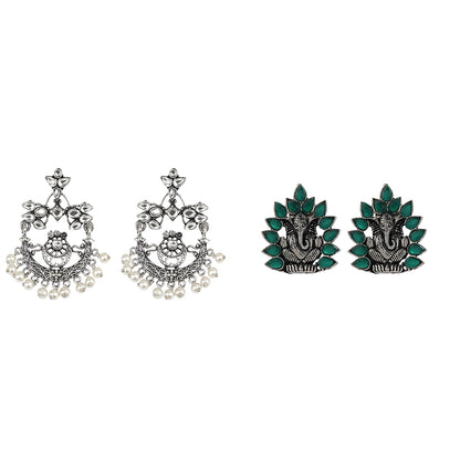 Carved Charm Dangler earrings (White) sacred shine stud earrings(Green) Combo set