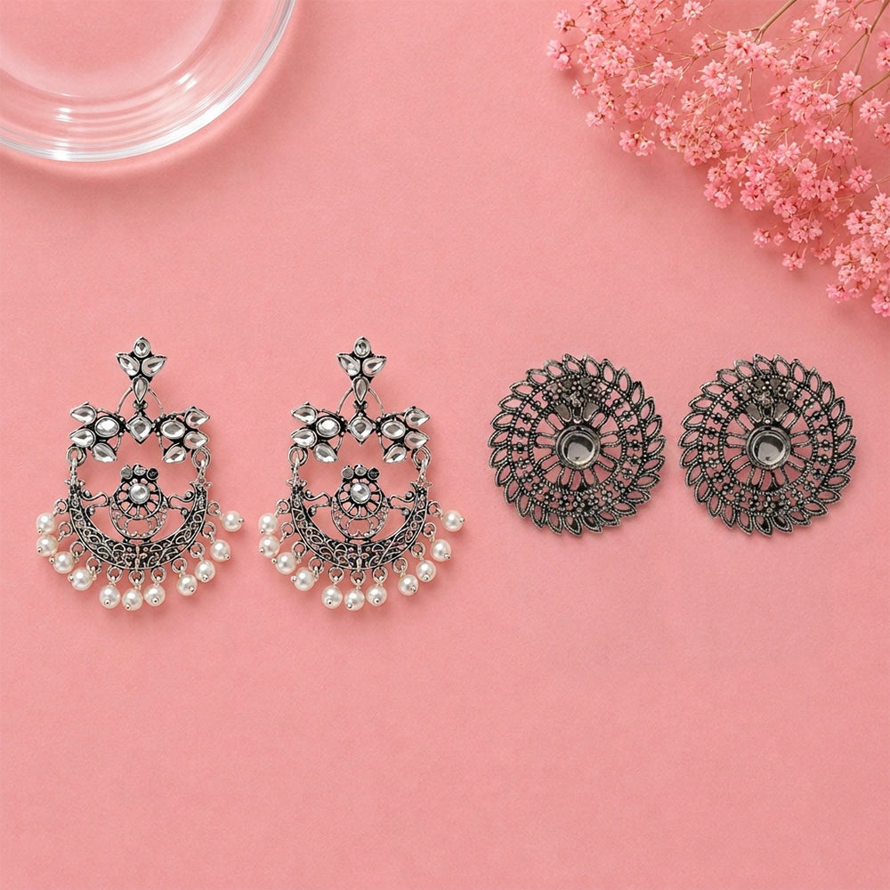Carved Charm Dangler earrings (White) Charming Chakra stud earrings (White) Combo set