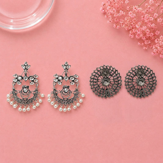 Carved Charm Dangler earrings (White) Charming Chakra stud earrings (White) Combo set