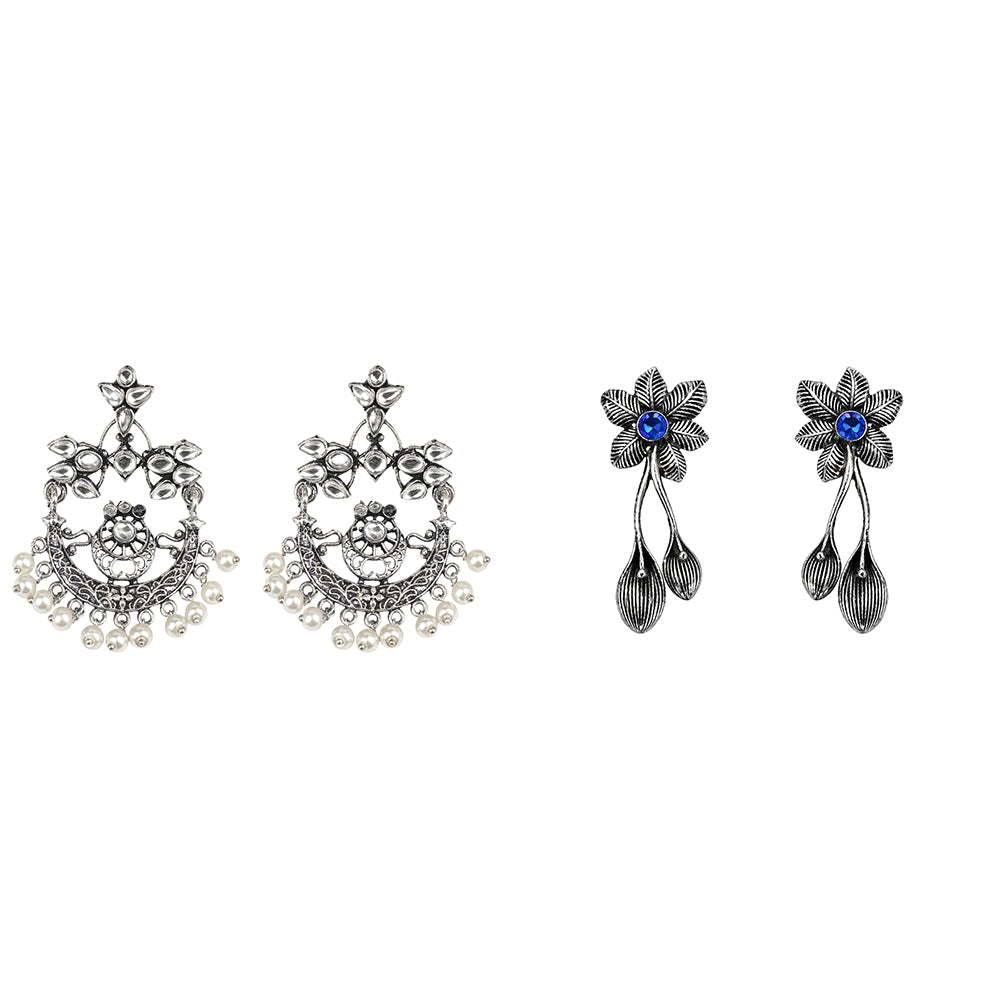 Carved Charm Dangler earrings (White) Bud Flower oxidized stud earrings (Blue) Combo set