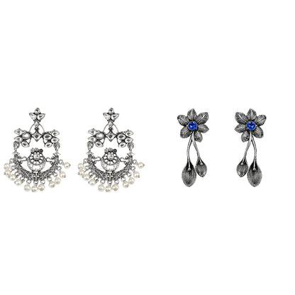 Carved Charm Dangler earrings (White) Bud Flower oxidized stud earrings (Blue) Combo set
