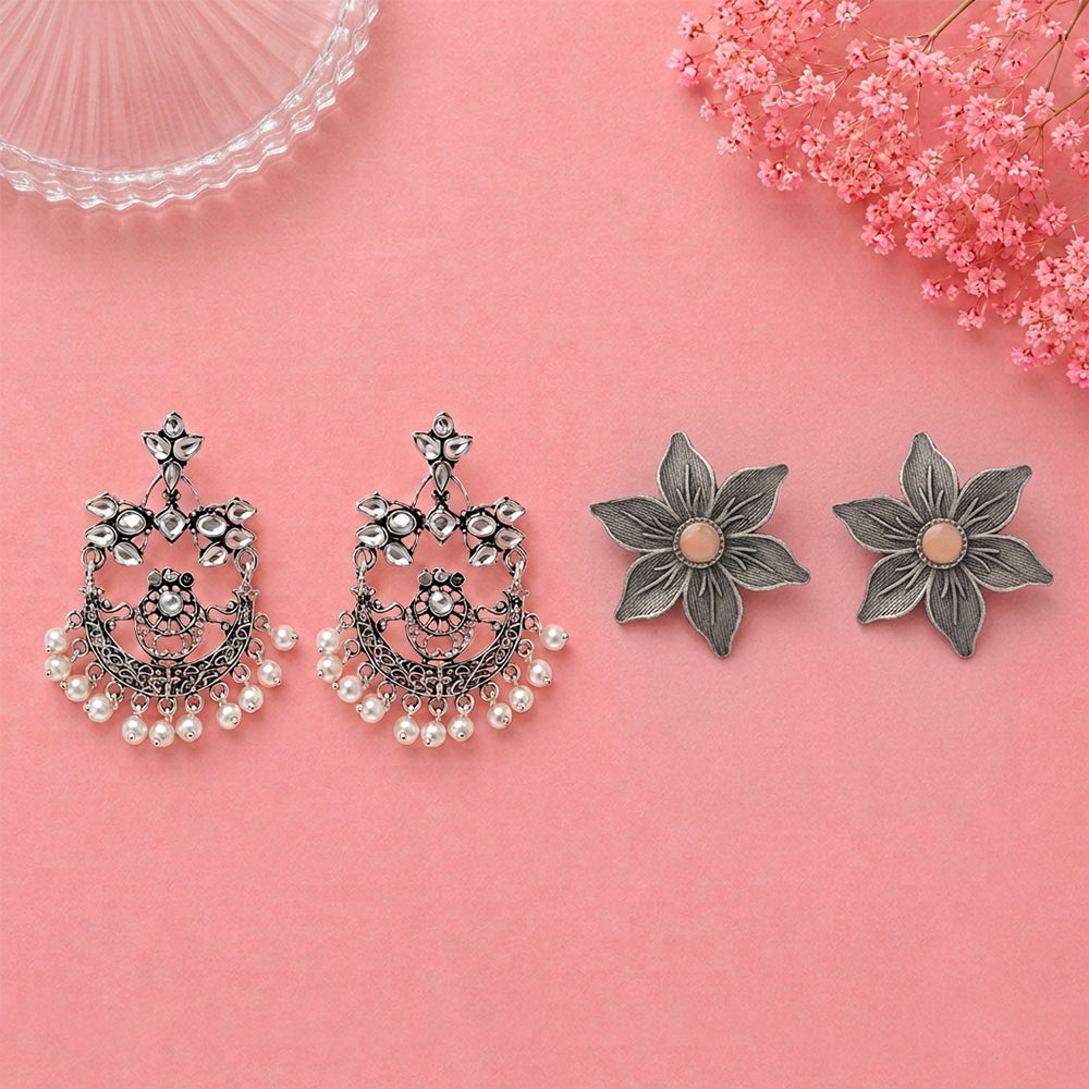 Carved Charm Dangler earrings (White) Minima-lily stud earrings (Light Orange) Combo set