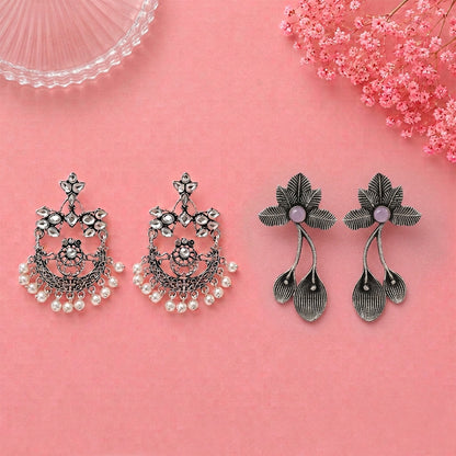 Carved Charm Dangler earrings (White) Bud Flower oxidized stud earrings (Baby Pink) Combo set