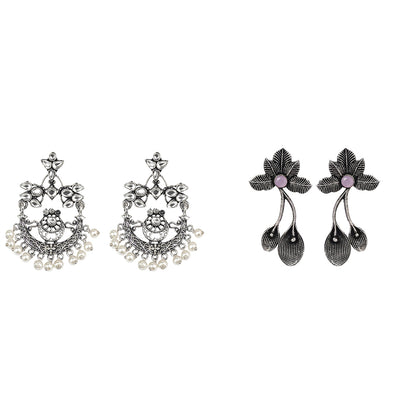 Carved Charm Dangler earrings (White) Bud Flower oxidized stud earrings (Baby Pink) Combo set
