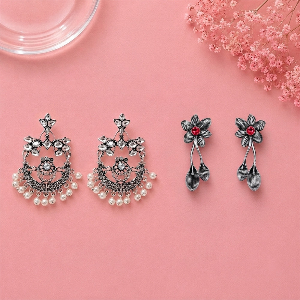 Carved Charm Dangler earrings (White) Bud Flower oxidized stud earrings (Red) Combo set