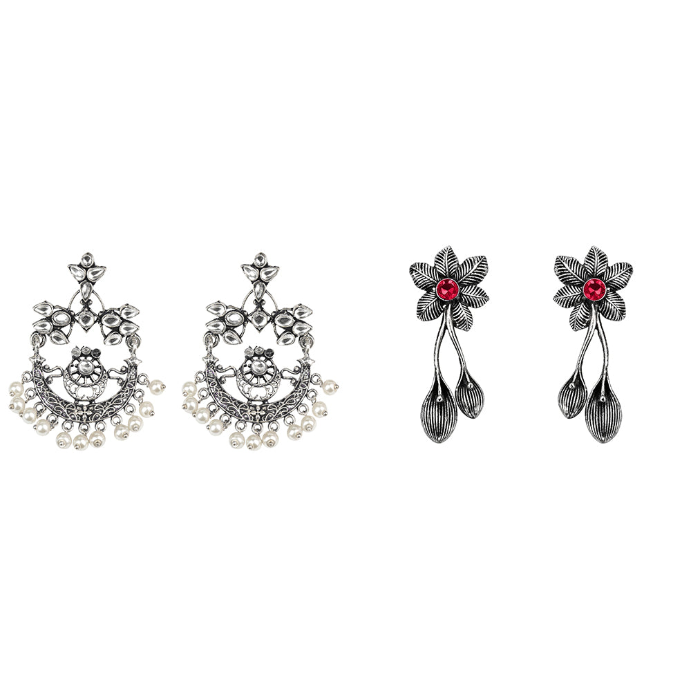 Carved Charm Dangler earrings (White) Bud Flower oxidized stud earrings (Red) Combo set