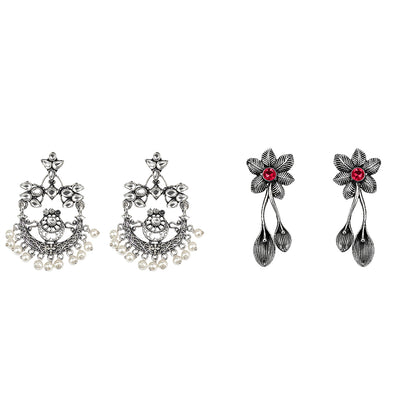 Carved Charm Dangler earrings (White) Bud Flower oxidized stud earrings (Red) Combo set