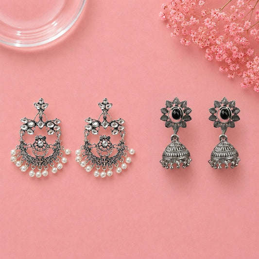 Carved Charm Dangler earrings (White) floral charm traditional jhumka earrings (Black) Combo set