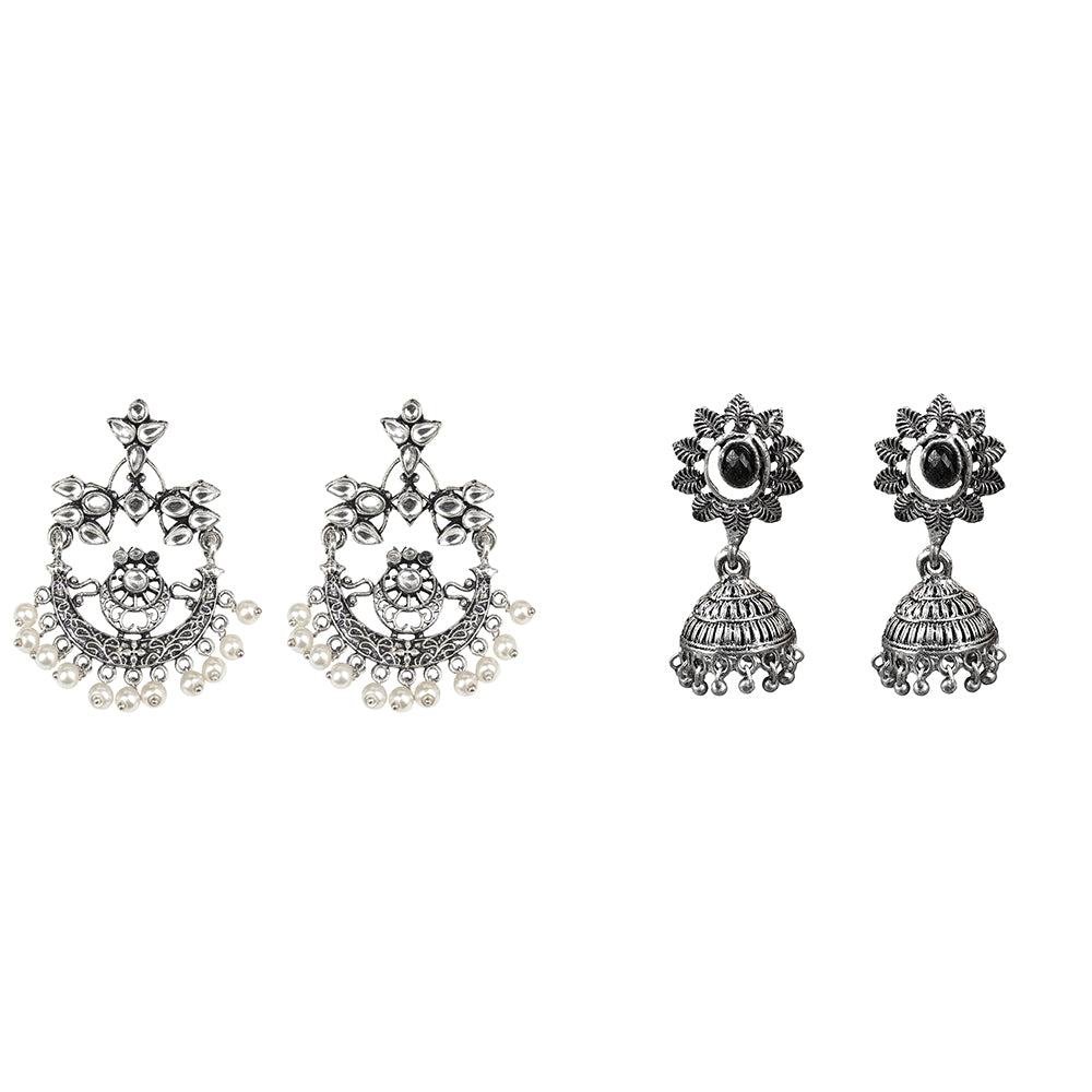 Carved Charm Dangler earrings (White) floral charm traditional jhumka earrings (Black) Combo set