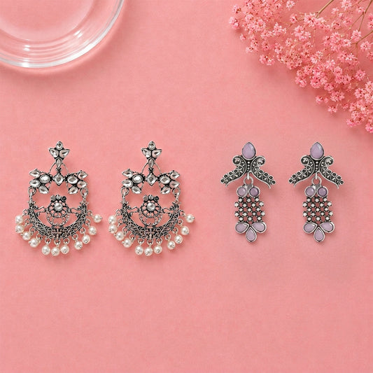 Carved Charm Dangler earrings (White) Twilight Tassles pearl dangler earrings (Baby Pink) Combo set