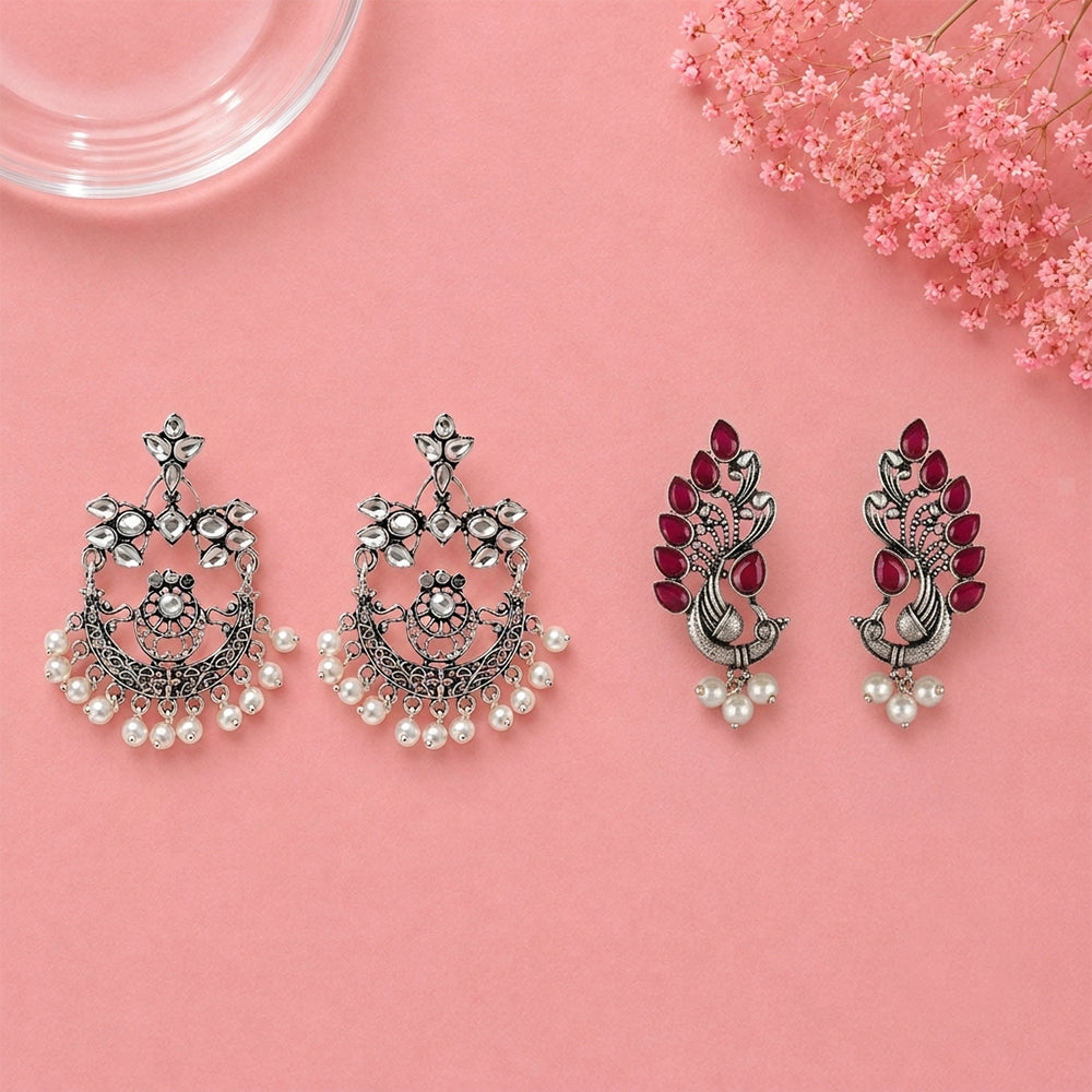 Carved Charm Dangler earrings (White) Mayur Pride stud earrings (Red) Combo set