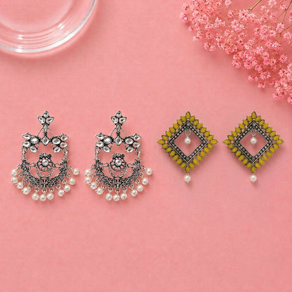Carved Charm Dangler earrings (White) Sass Stone stud earrings (Yellow) Combo set