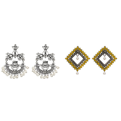 Carved Charm Dangler earrings (White) Sass Stone stud earrings (Yellow) Combo set