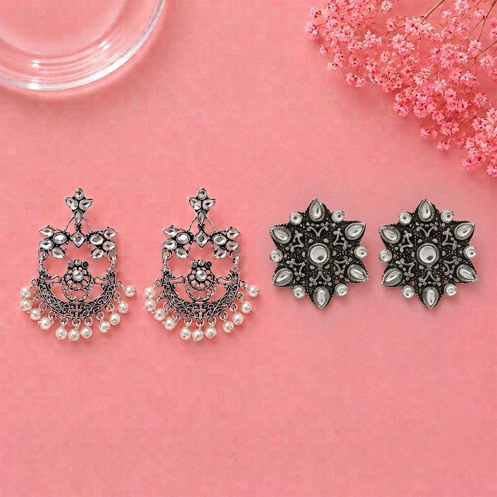 Carved Charm Dangler earrings (White) flower-alpana stud earrings (White) Combo set