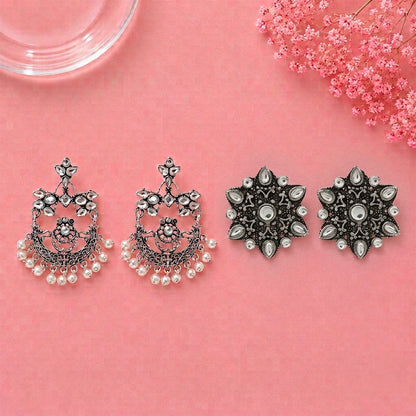 Carved Charm Dangler earrings (White) flower-alpana stud earrings (White) Combo set