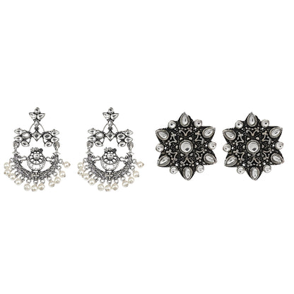 Carved Charm Dangler earrings (White) flower-alpana stud earrings (White) Combo set