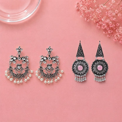 Carved Charm Dangler earrings (White) Shine Fine Dangler Earrings (Baby Pink) Combo set