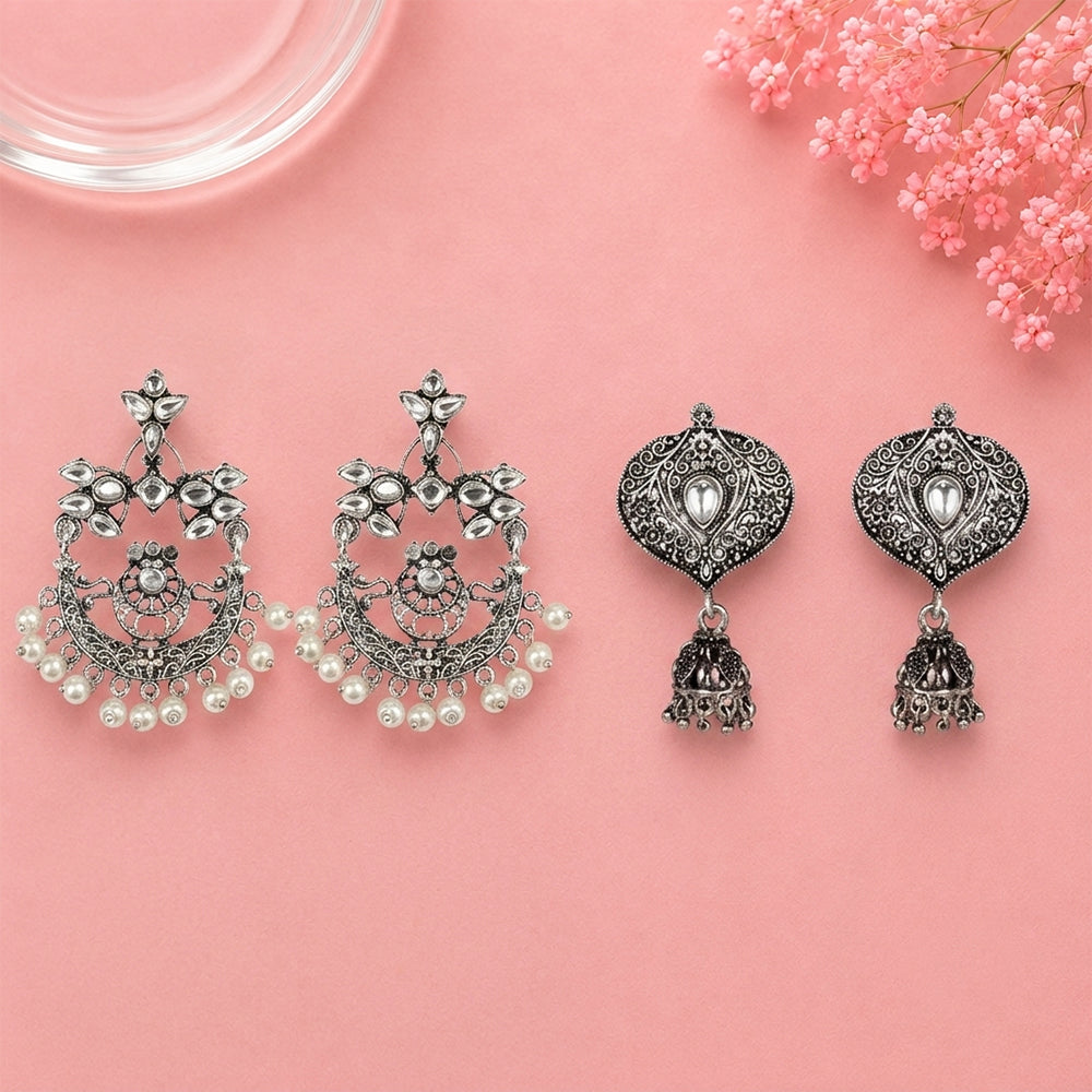Carved Charm Dangler earrings (White) Pretty Petal Jhumki earrings (White) Combo set