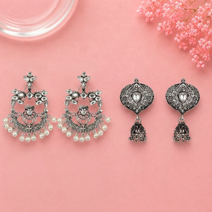 Carved Charm Dangler earrings (White) Pretty Petal Jhumki earrings (White) Combo set