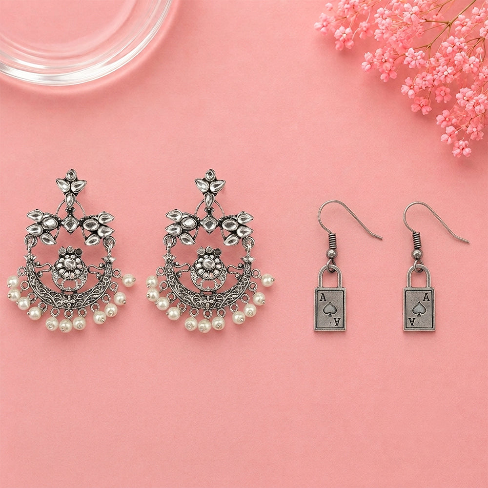Carved Charm Dangler earrings (White) The Vault dangler earrings (Silver) Combo set