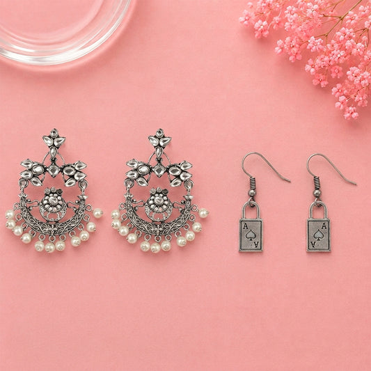 Carved Charm Dangler earrings (White) The Vault dangler earrings (Silver) Combo set
