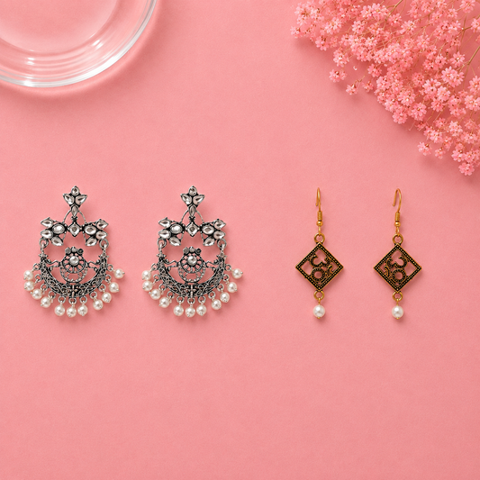 Carved Charm Dangler earrings (White) Eternal om dangler earrings Combo set