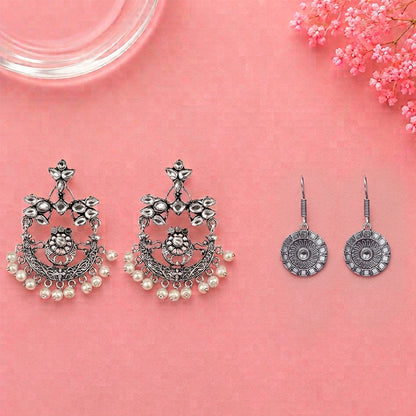 Carved Charm Dangler earrings (White) Sunrise Shaped Silver Polished Oxidised Danglers Combo set