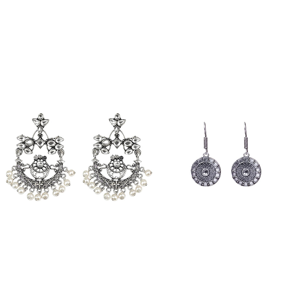 Carved Charm Dangler earrings (White) Sunrise Shaped Silver Polished Oxidised Danglers Combo set