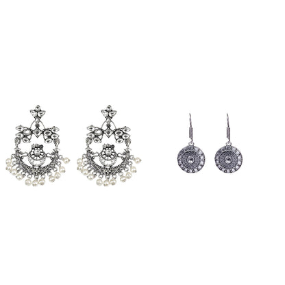 Carved Charm Dangler earrings (White) Sunrise Shaped Silver Polished Oxidised Danglers Combo set
