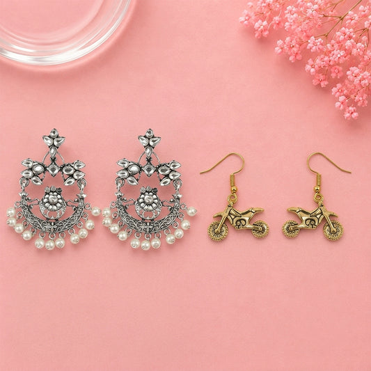 Carved Charm Dangler earrings (White) Biker Babe dangler earrings Combo set