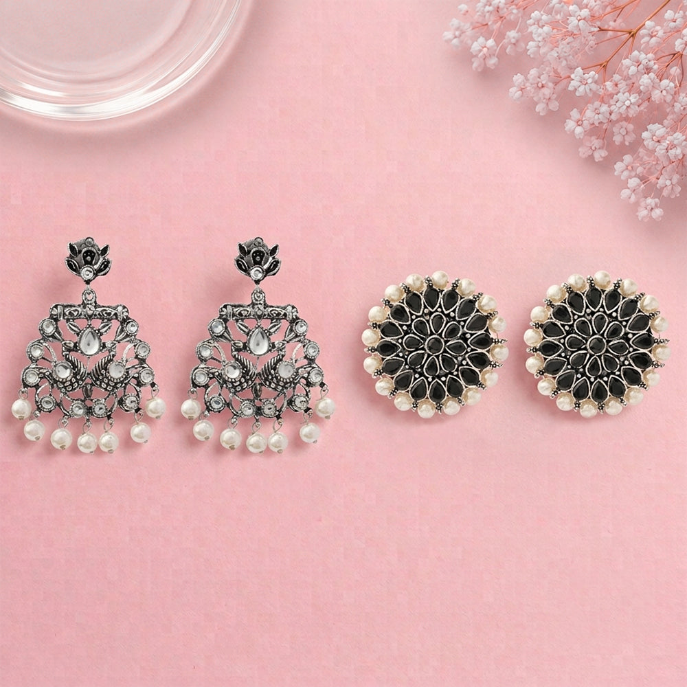 Peacock glow stone studded dangler earrings (White) Desi Diva stud earring (Black) Combo set