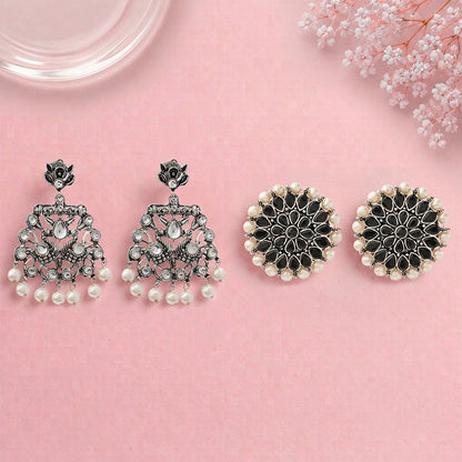 Peacock glow stone studded dangler earrings (White) Desi Diva stud earring (Black) Combo set