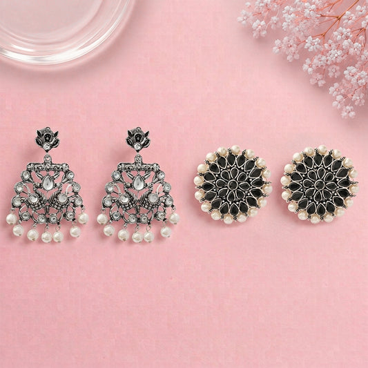 Peacock glow stone studded dangler earrings (White) Desi Diva stud earring (Black) Combo set