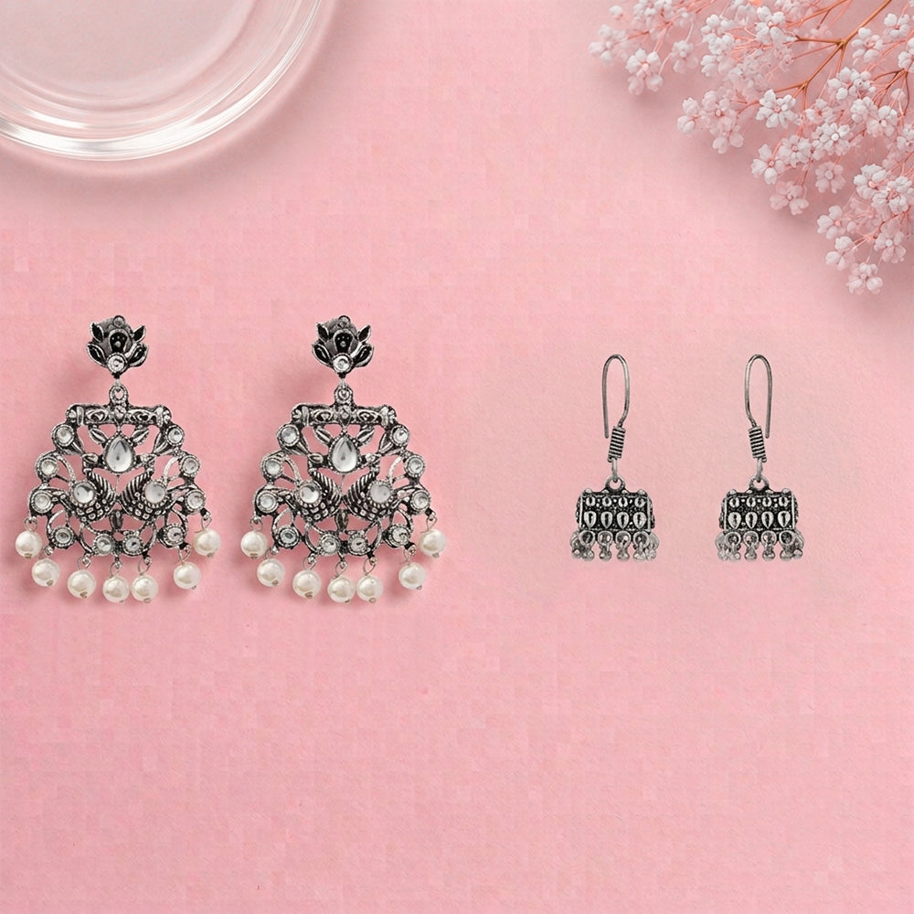 Peacock glow stone studded dangler earrings (White) Tiny Twinkle jhumki earring (Silver) Combo set