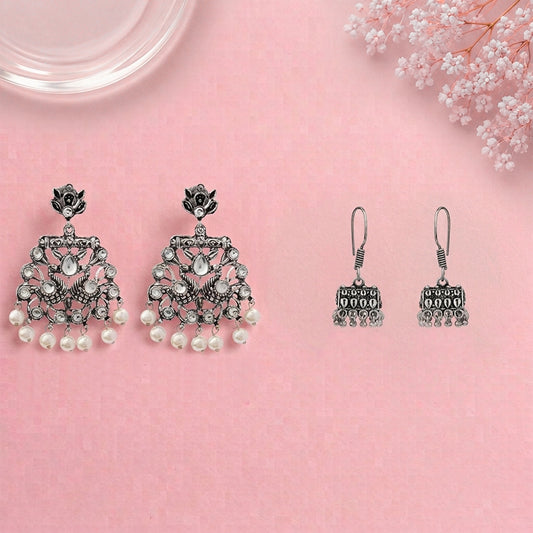 Peacock glow stone studded dangler earrings (White) Tiny Twinkle jhumki earring (Silver) Combo set
