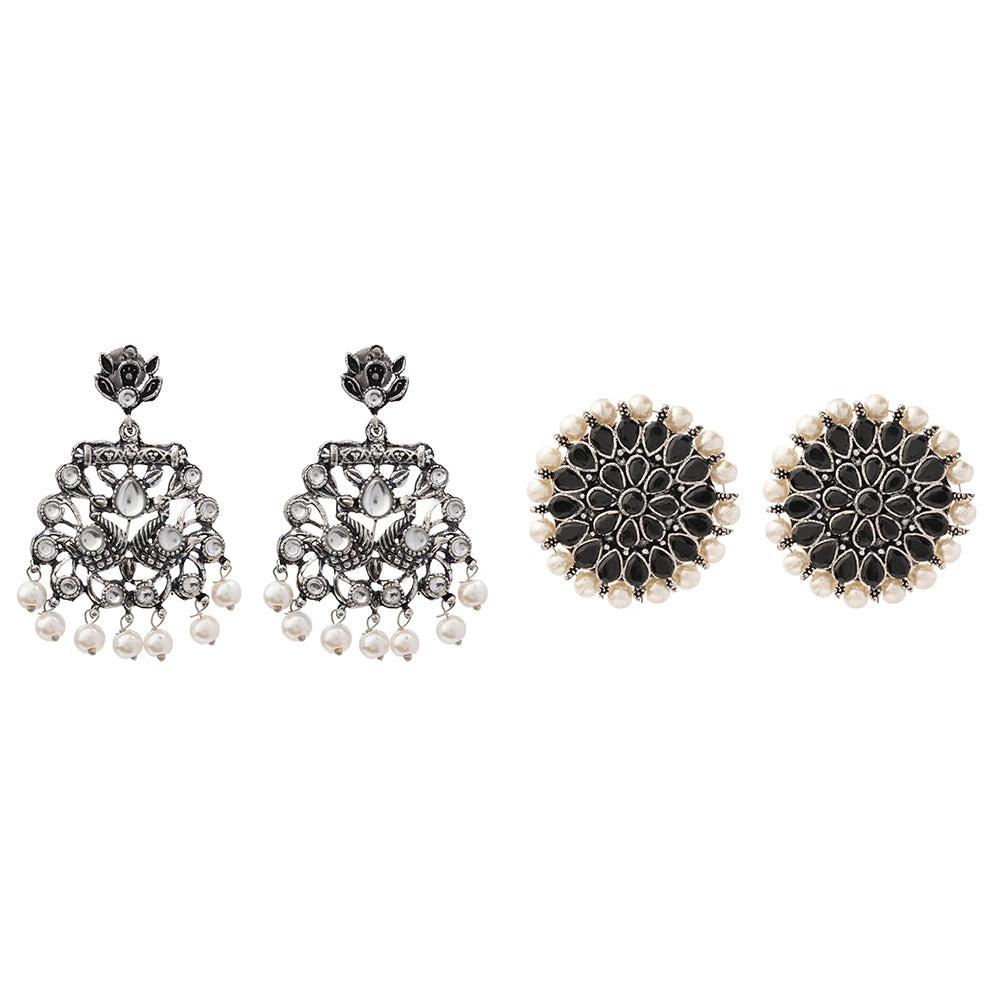 Peacock glow stone studded dangler earrings (White) Desi Diva stud earring (Black) Combo set