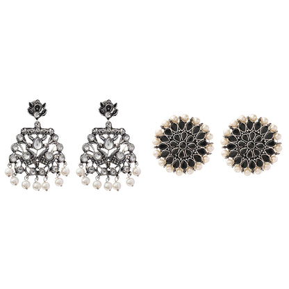 Peacock glow stone studded dangler earrings (White) Desi Diva stud earring (Black) Combo set
