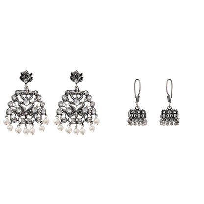 Peacock glow stone studded dangler earrings (White) Tiny Twinkle jhumki earring (Silver) Combo set