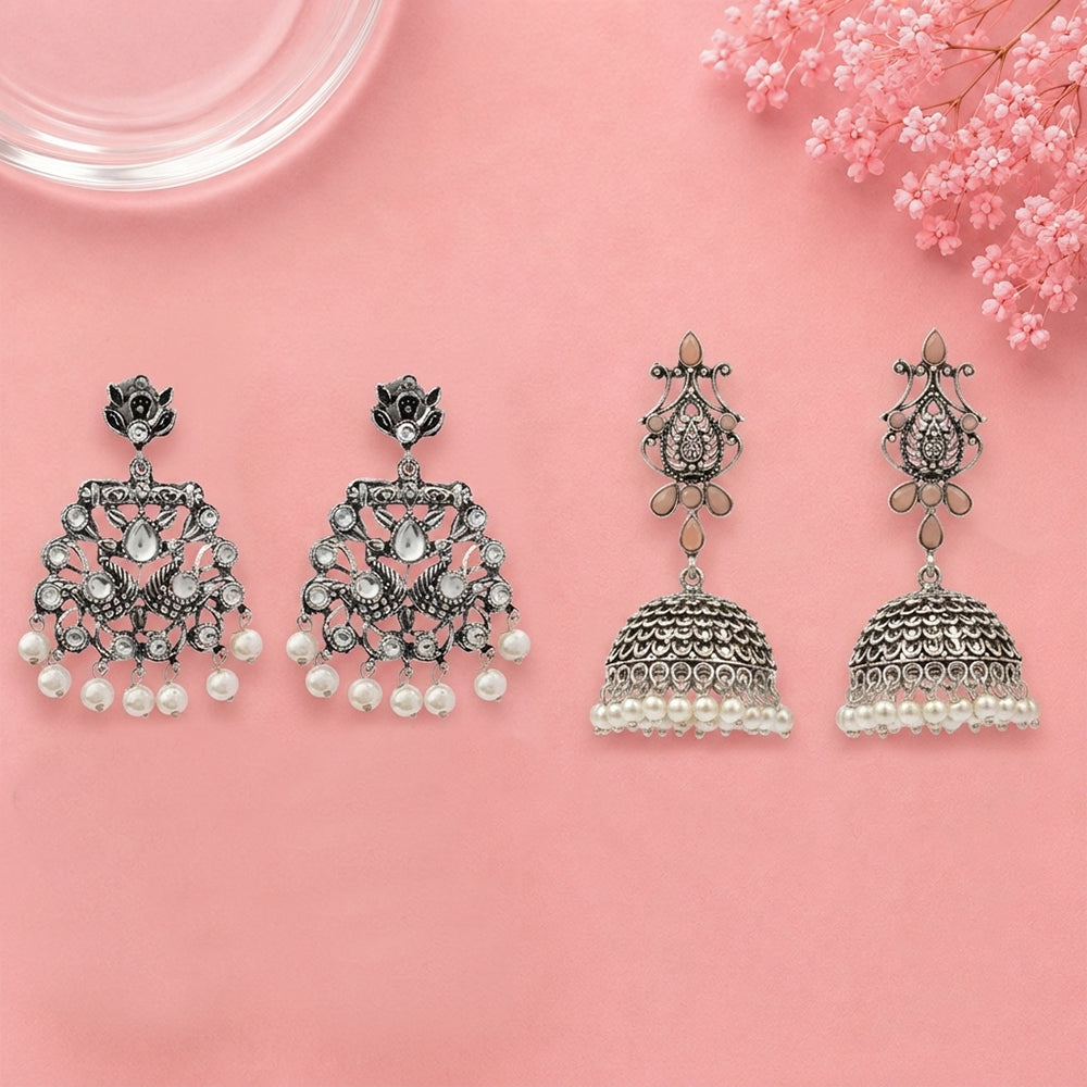 Peacock glow stone studded dangler earrings (White) Kalash Kamal earring (Light Orange) Combo set