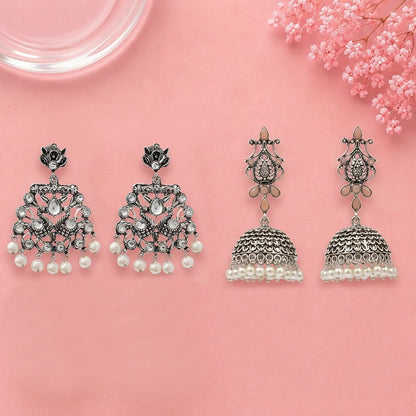 Peacock glow stone studded dangler earrings (White) Kalash Kamal earring (Light Orange) Combo set