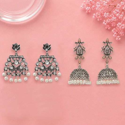 Peacock glow stone studded dangler earrings (White) Kalash Kamal earring (Light Orange) Combo set