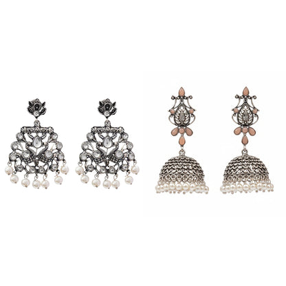 Peacock glow stone studded dangler earrings (White) Kalash Kamal earring (Light Orange) Combo set