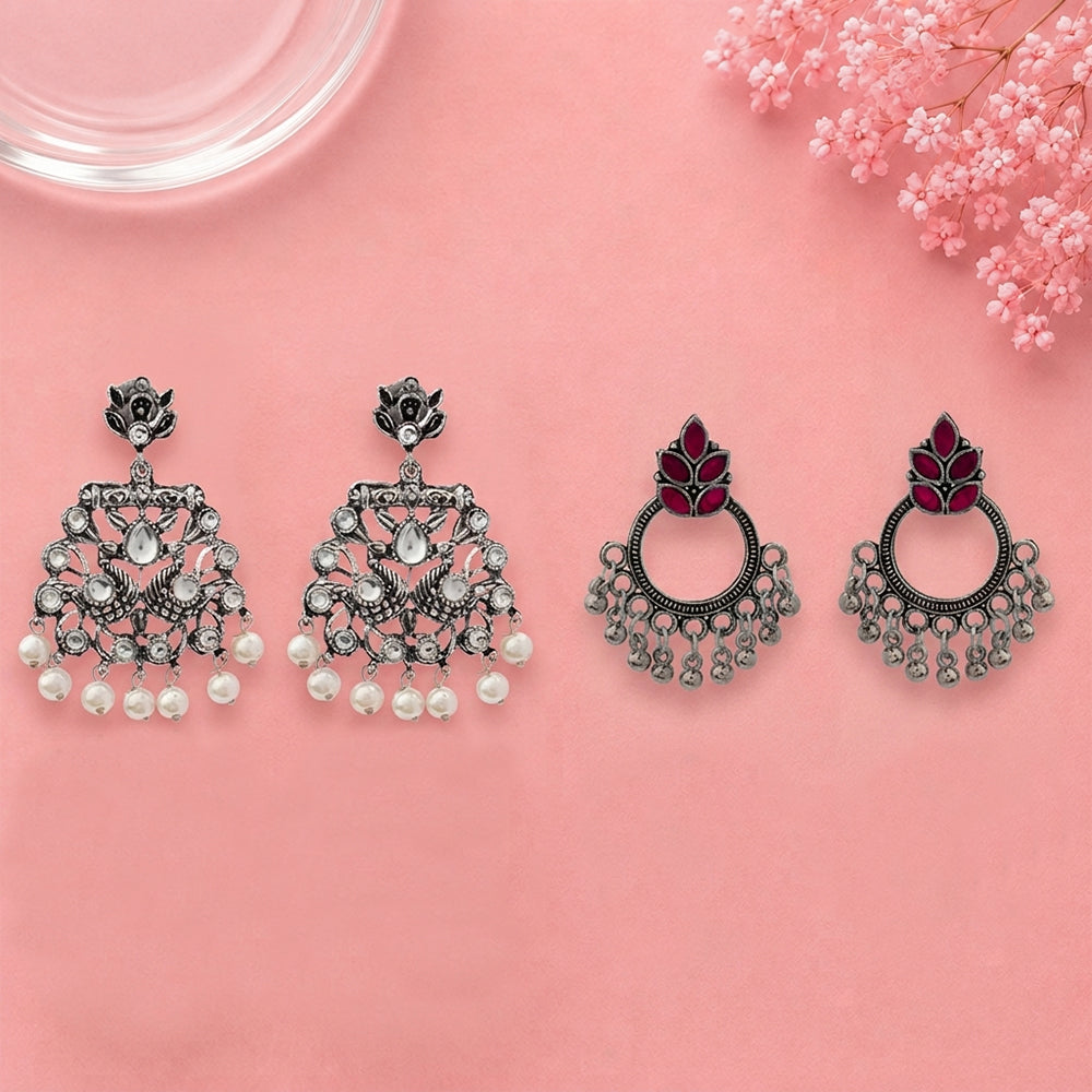 Peacock glow stone studded dangler earrings (White) Fine Shine stud earrings (Red) Combo set