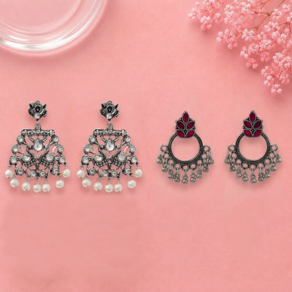 Peacock glow stone studded dangler earrings (White) Fine Shine stud earrings (Red) Combo set