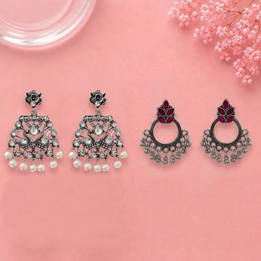 Peacock glow stone studded dangler earrings (White) Fine Shine stud earrings (Red) Combo set