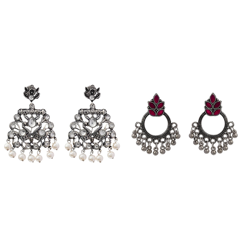 Peacock glow stone studded dangler earrings (White) Fine Shine stud earrings (Red) Combo set